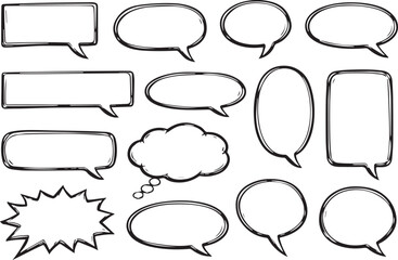 Fototapeta premium A collection of various hand-drawn speech bubbles in different shapes and styles, perfect for illustrations, comics, and digital design projects.