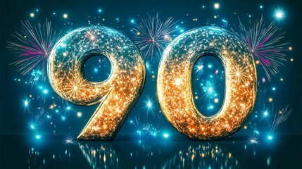 Vibrant Fireworks Display Over Emerald Background with Elegant Shiny Ninety Celebration Theme