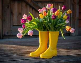 Yellow rain boots filled with colorful tulip flowers