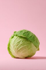 Fototapeta premium A whole green cabbage with its leaves, set against a pink background. Concept Vegetable still life, Green cabbage close-up, Pink backdrop, Fresh produce photography, Textured leaves