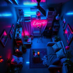 Neon-drenched sanctuary, love's glow illuminates a tranquil domestic tableau,  dreamlike.,  joy