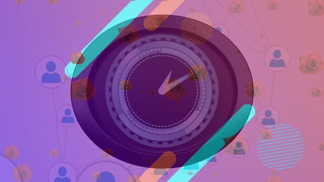 Animation of abstract shapes over ticking clock and rose icons against network of profile icons