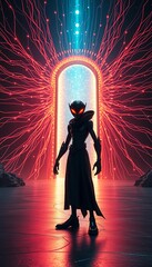Sleek sentinel, eyes ablaze, stands before a cosmic web of luminous filaments, an enigmatic portal awaits,  cyber,  mystery