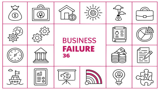 Collection of Comprehensive Business Failure, Financial Loss, and Economic Crisis Line Icons