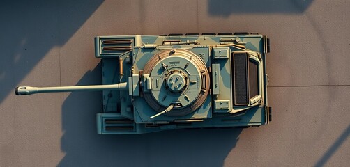 Top-down view of military battle tank, camouflaged,  armored fighting vehicle,  illustration