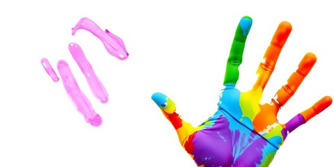 Vibrant, multicolored handprint on white background,  paint,  creative