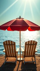 Two chairs await serenity under a vibrant umbrella, ocean whispers and sunbeams dance,  seascape,  coastal