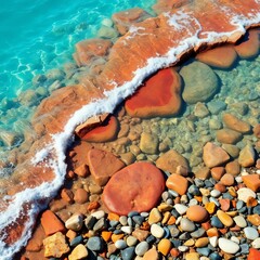 Vibrant turquoise water laps against a shore of smooth, colorful lava rocks and pebbles,  sea,  scenic
