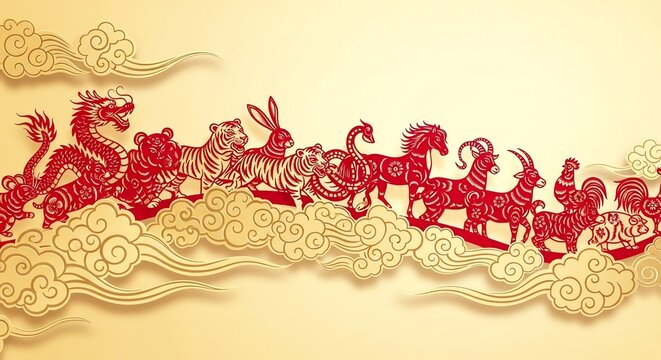 Chinese zodiac animals paper cutout illustration