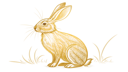 Easter bunny drawn in a golden thin foil, isolated on transparent background