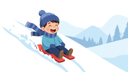 Joyful young boy in winter gear sliding down a snowy mountain slope on a red sled during a bright sunny winter day. © Safia