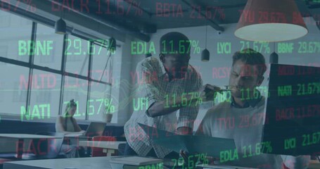 Diverse team discusses global finance and data in a modern office. - Powered by Adobe