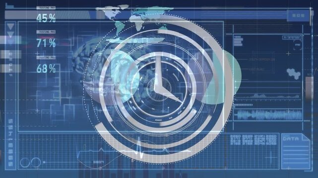 Animation of digital clock over infographic interface against human brain in background