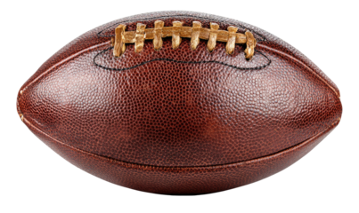 Textured brown pigskin football with prominent laces on a black background