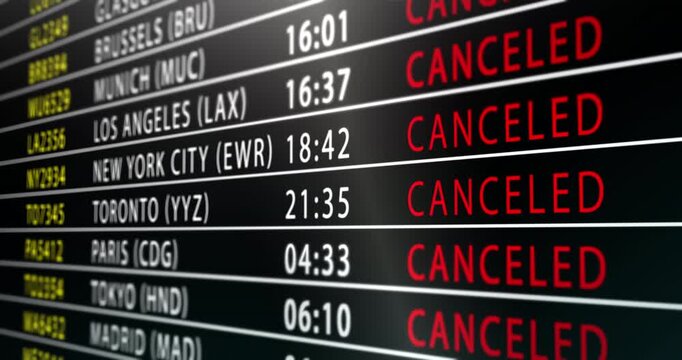 Dynamic airport arrivals board animation showing multiple international flights marked as canceled in red text, conveying large scale travel disruption, aviation crisis, delays, and global transport