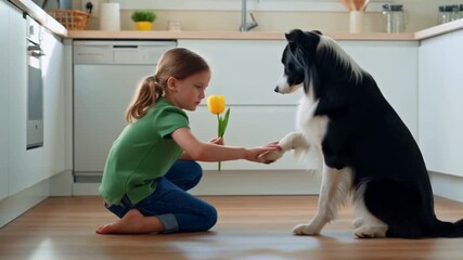 A girl in jeans teaches her border collie to give paw using a yellow tulip as a reward in a bright minimalist kitchen, concept of playful training and smart childhood companionship