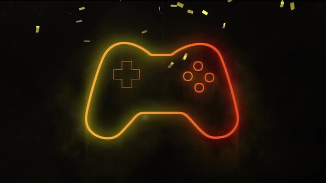 Animation of confetti over neon gamepad icon