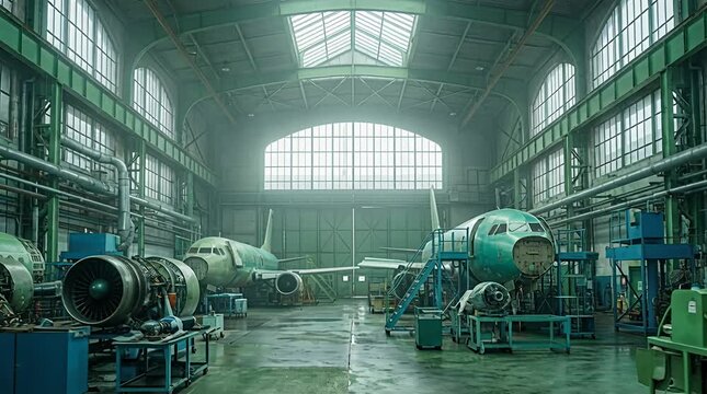 Aircraft manufacturing hangar bay with planes under construction and engine components for aviation repair.