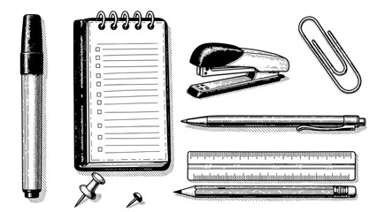 Office supplies including notebook, pens, stapler, and paper clips  