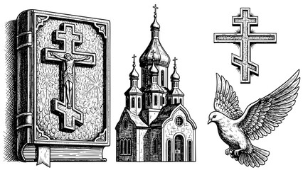 Christian symbols including church, cross, dove, and Bible illustration  