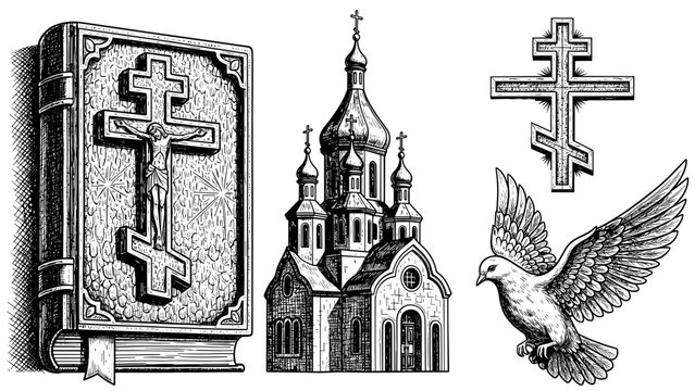 Christian symbols including church, cross, dove, and Bible illustration  