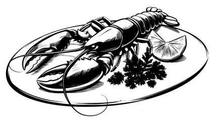 Lobster on a plate with lemon and parsley in black and white illustration  