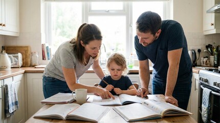 Fototapeta premium Warm family moment in a bright kitchen as parents help their child with homework, guiding reading and math with open books, notebooks, pencils, and encouraging dialogue