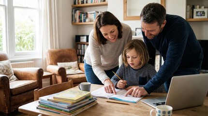 Bright, candid scene of a family studying at home as two adults guide a child with worksheets at a wooden table, surrounded by notebooks, a laptop, and books in a cozy living room.