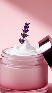 Close Up Studio Shot of a Blank Cosmetic Jar with Lavender on Pink Background for Anti Aging Campaign 170 Character
