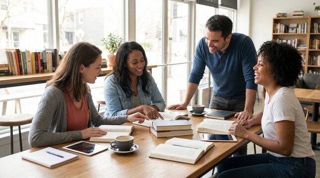 Diverse team of four professionals collaborating around a wooden table in a bright modern office, sharing ideas, reviewing documents, and planning a project together