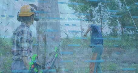 Animation of financial data processing over caucasian workers cutting tree - Powered by Adobe