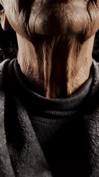 Dramatic Portrait of Elderly African American Woman Displaying Skin Damage with a Gray Wrap Against a Dark Background