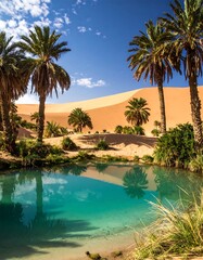 Fototapeta premium Oasis in a desert landscape with palm trees, a sand dune, and turquoise water under a blue, partly cloudy sky