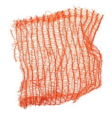 torn plastic fruit net flying, red bag isolated on white background and texture, design element,...
