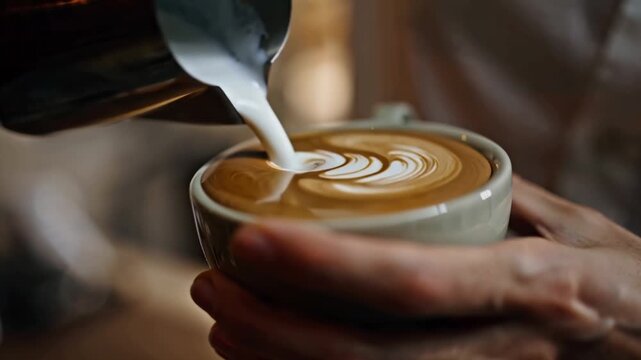 close-up barista pouring creamy steamed milk ceramic coffee cup rich espresso latte art pattern, swirling motion, visible steam rising, warm natural lighting, reflections coffee surface, top-down 