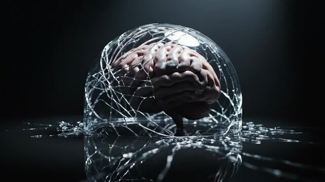A brain sits inside a cracked glass dome on a glossy black surface The setting is dark with dramatic lighting