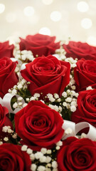 Close Up Bouquet of Red Roses with White Accent Ribbons and Soft Bokeh Background Vertical