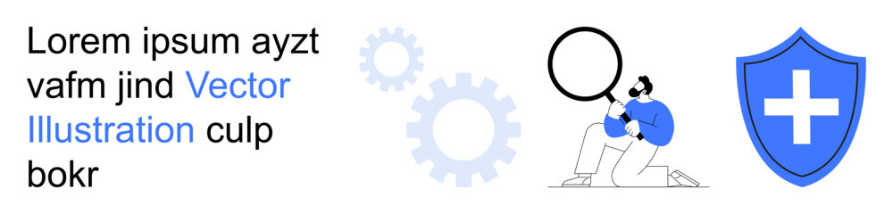 Obraz premium Data analysis, cybersecurity, healthcare security, process optimization, research, technology development. Person with magnifying glass inspecting, shield symbol security and gears. Cybersecurity