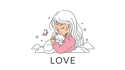 Obraz premium Sweet illustration shows a girl with long white hair hugging a small cat with the word love written below and a butterfly nearby.