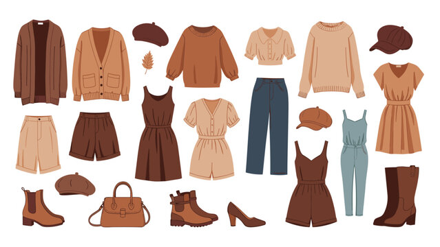 Selection of women autumn and winter fashion items including warm sweaters, dresses, leather boots, beret hats, and a stylish handbag.