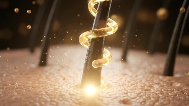 Golden Elixir Cascading onto Hair Follicle, Close-up Microscopic View of Hair Shaft Nourishment,  Detailed Macro Shot of Healthy Hair and Scalp Treatment