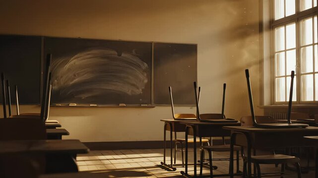 Empty classroom with chairs stacked on desks and sunlight streaming through window illuminating dust motes