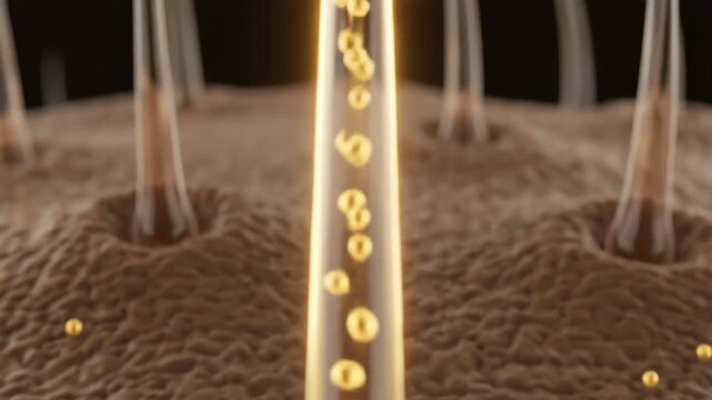 Microscopic view of golden nutrient spheres being absorbed by hair follicles and scalp, Hair strengthening and nourishment simulation