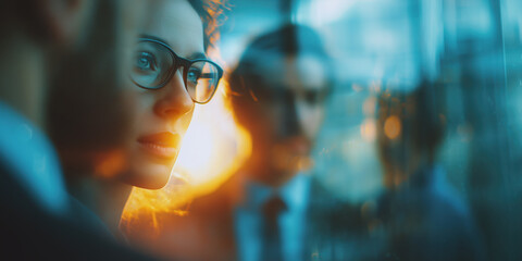 Focused visionary female leader wearing eyewear beside a reflection in golden sunlight, showing confidence and determination