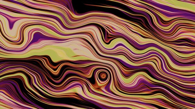 Abstract psychedelic wave pattern with layered purple, pink, and yellow gradients on a black background, featuring a small orange focal point and deep dimensional flow.