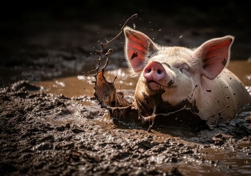 A large, pink domestic animal immersed joyfully in a dense, dark brown mud puddle, showing contentment with the filthy environment, animal, brown, gross