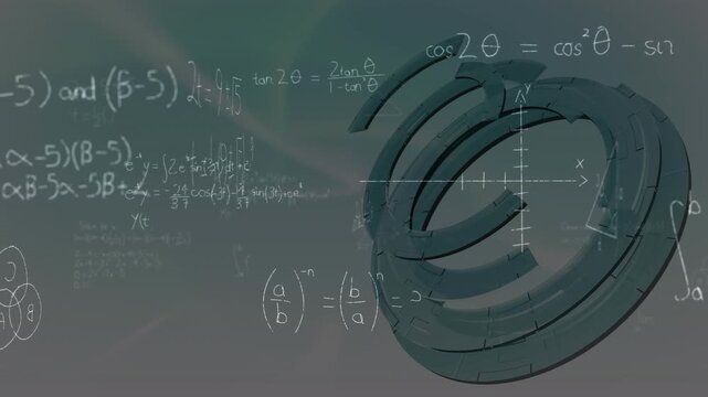 Animation of mathematical equations floating over round scanner against grey gradient background
