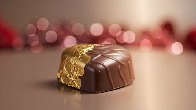 A chocolate candy with gold foil on a reflective surface set against a bokeh background