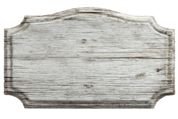 Aged, textured wood sign; rustic, worn, with an ornate, curved top edge