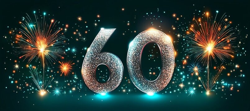 Silver 60th Anniversary Celebration on Emerald Green Background with Dazzling Fireworks